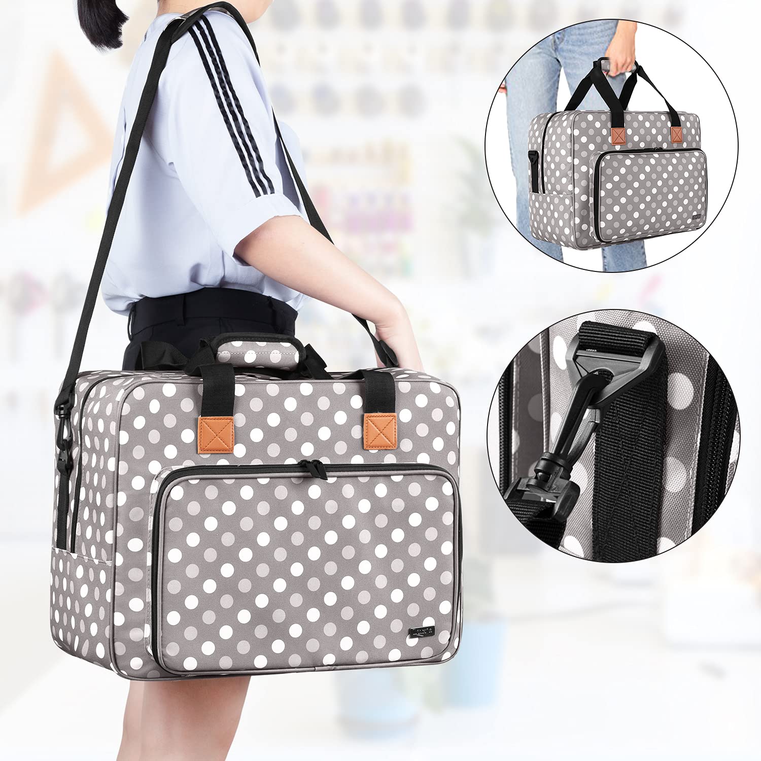LUXJA Sewing Machine Bag, Portable Tote Bag Compatible with Most Brother, Singer Sewing Machines and Extra Sewing Accessories, Gray Dots