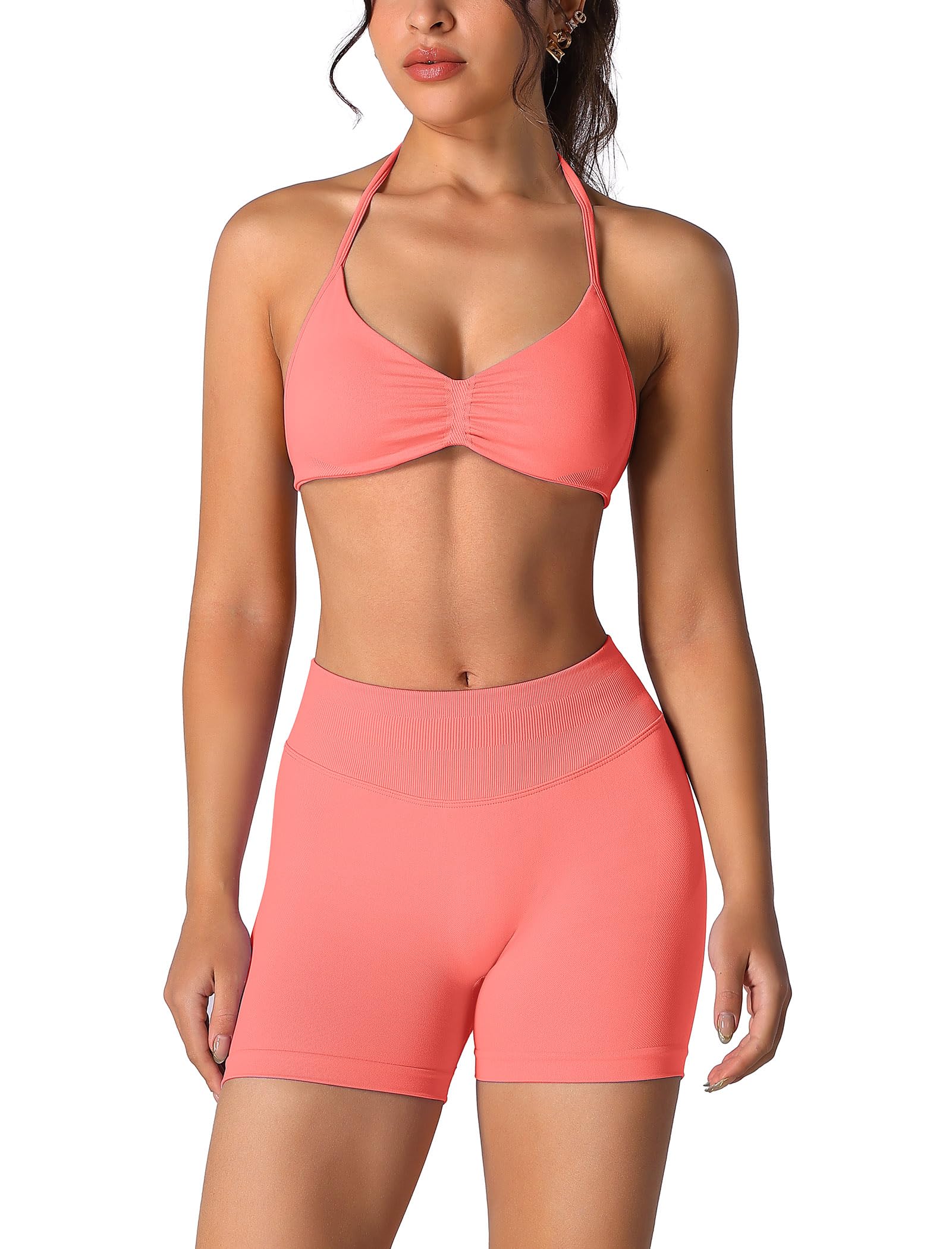Photo 1 of ABOCIW Workout Sets for Women 2 Piece Seamless Scrunch Butt Lifting High Waist Impact Gym Shorts Matching Halter Sports Bra Active Wear Yoga Outfits #1 Coral Medium