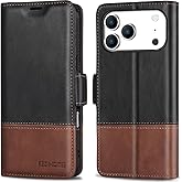 KEZiHOME Compatible with iPhone 17 pro max Wallet case, Shockproof Genuine Leather[RFID Blocking] Card Slot Magnetic Stand Filio Phone case for iPhone 17 pro max 5G (Black/Brown)