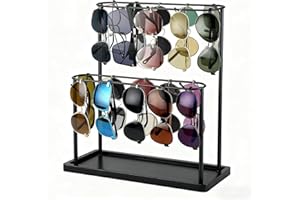 Himake Sunglasses Organizer Glasses Holder Stand for 28 Pairs of Eyewear, 2 Tier Eyeglasses Display ,Black Sunglass Storage Rack Metal Frame with Wood Base for Table Desk Countertop Dresser Bedroom