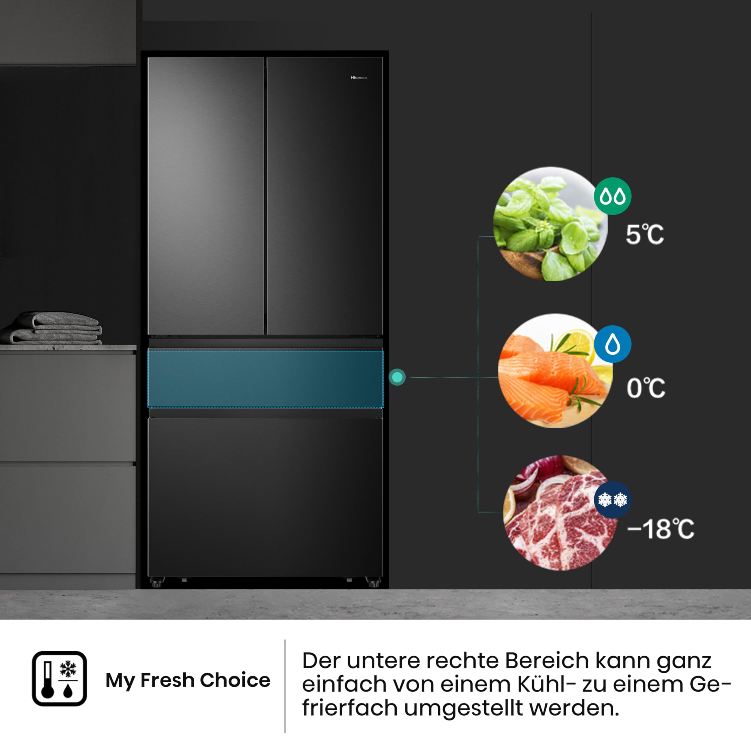 Hisense RF540N4SBF2 French Door Kühl-Gefrierkombination/ NoFrostPlus/ Inverter-Kompressor/ Multiflow 360°/ SuperCool/ 181,7 cm/ Kühlteil 302 l/ Gefrierteil 178 l/ 40 dB/ 310 kWh/ Jahr/ Schwarz 4