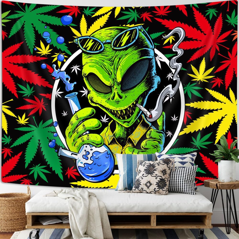 Tapestries - Wathon Trippy Weed Marijuana Tapestry, Cool Alien Marijuana Leaf Wall Tapestry for Bedroom, Psychedelic Tie Dye Stoner Tapestries for Men Aesthetic Hippie Wall Art Poster Dorm Home Decor 60X40 Inches