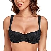 Lemorosy Women's Sexy Lightly Padded Push Up Demi Half Cup Underwire Scoop Neck Balconette Mesh Bra