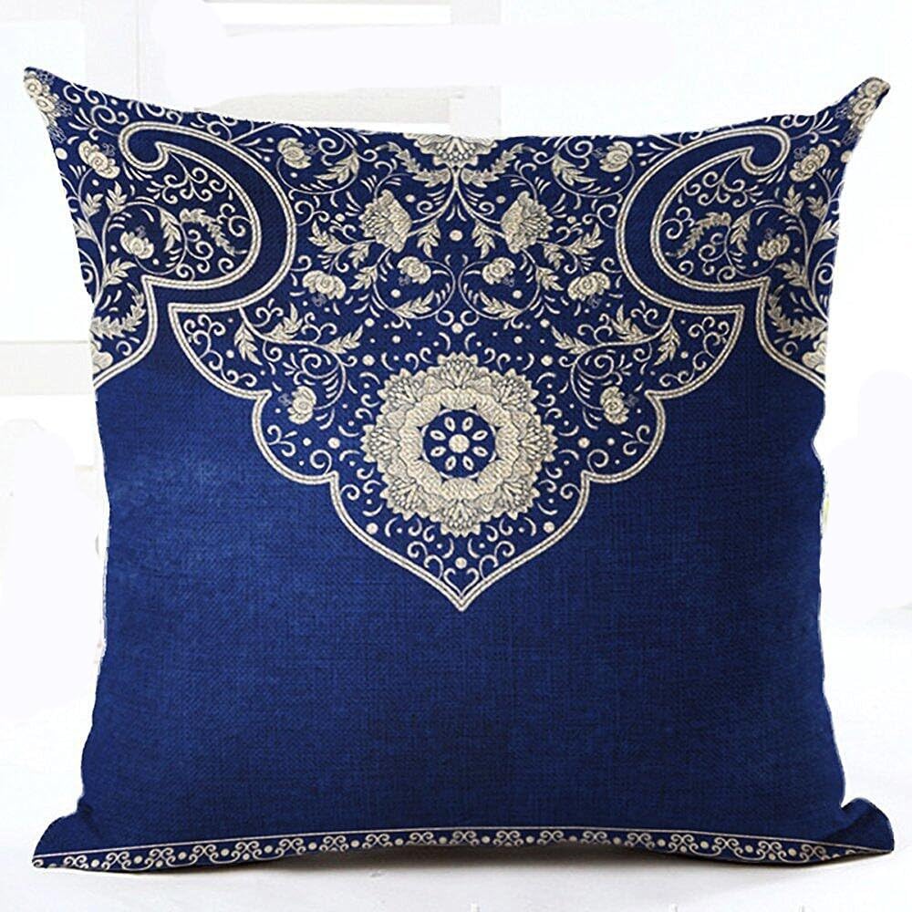 SOPARLLY Cotton Linen Square Decorative Throw Pillowcase Cushion Cover Retro Style Blue and White Porcelain Bohemian Floral Design Dark Blue Background 18"X18 (Boho Floral)