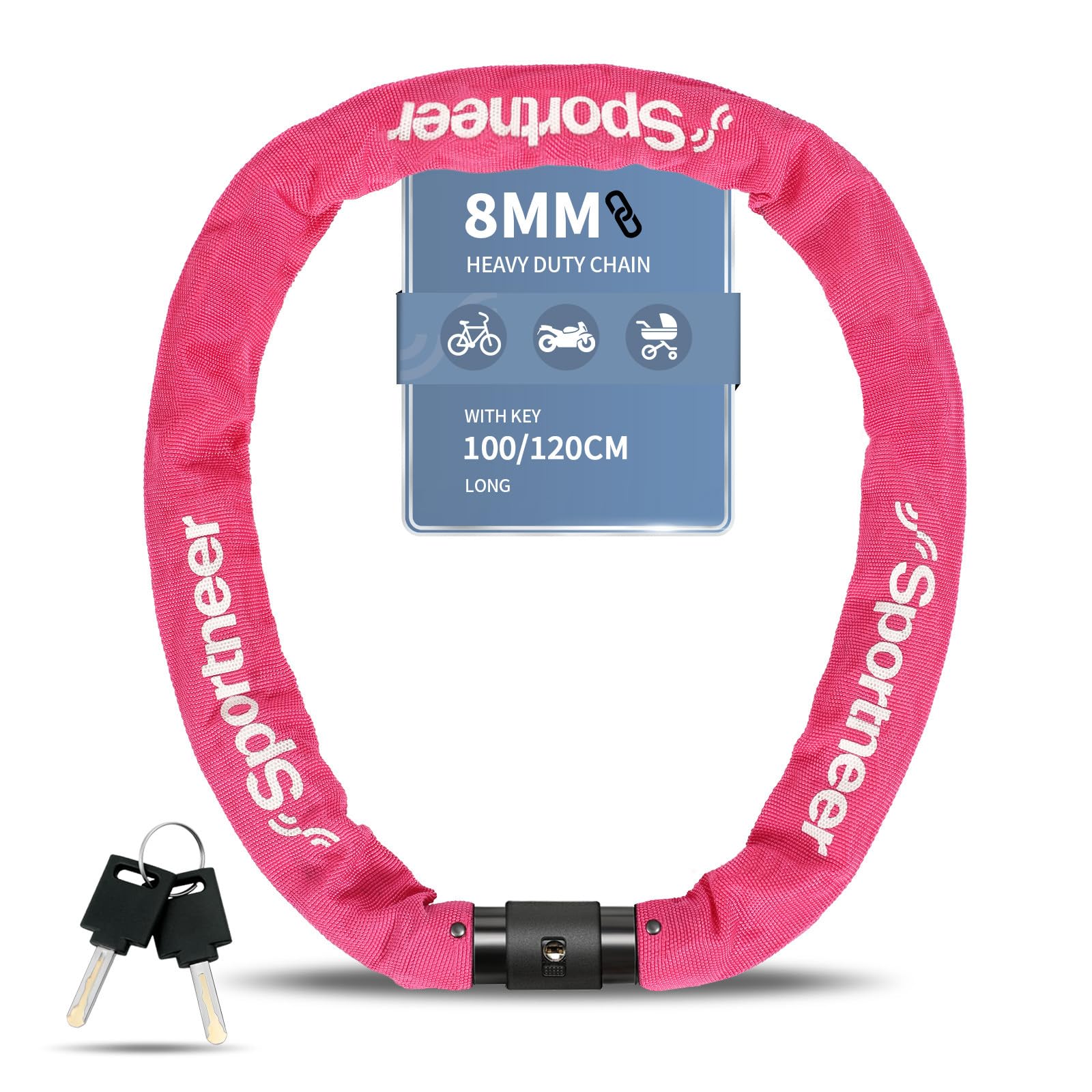 Sportneer Bike Chain Lock Heavy Duty Bicycle Lock 8mm Dia Thick High Security Anti-Theft Cycling Locks Uncuttable Portable with 2 Keys for Scooter, Bike, Motorcycle, Door, Gate, Fence, Grill