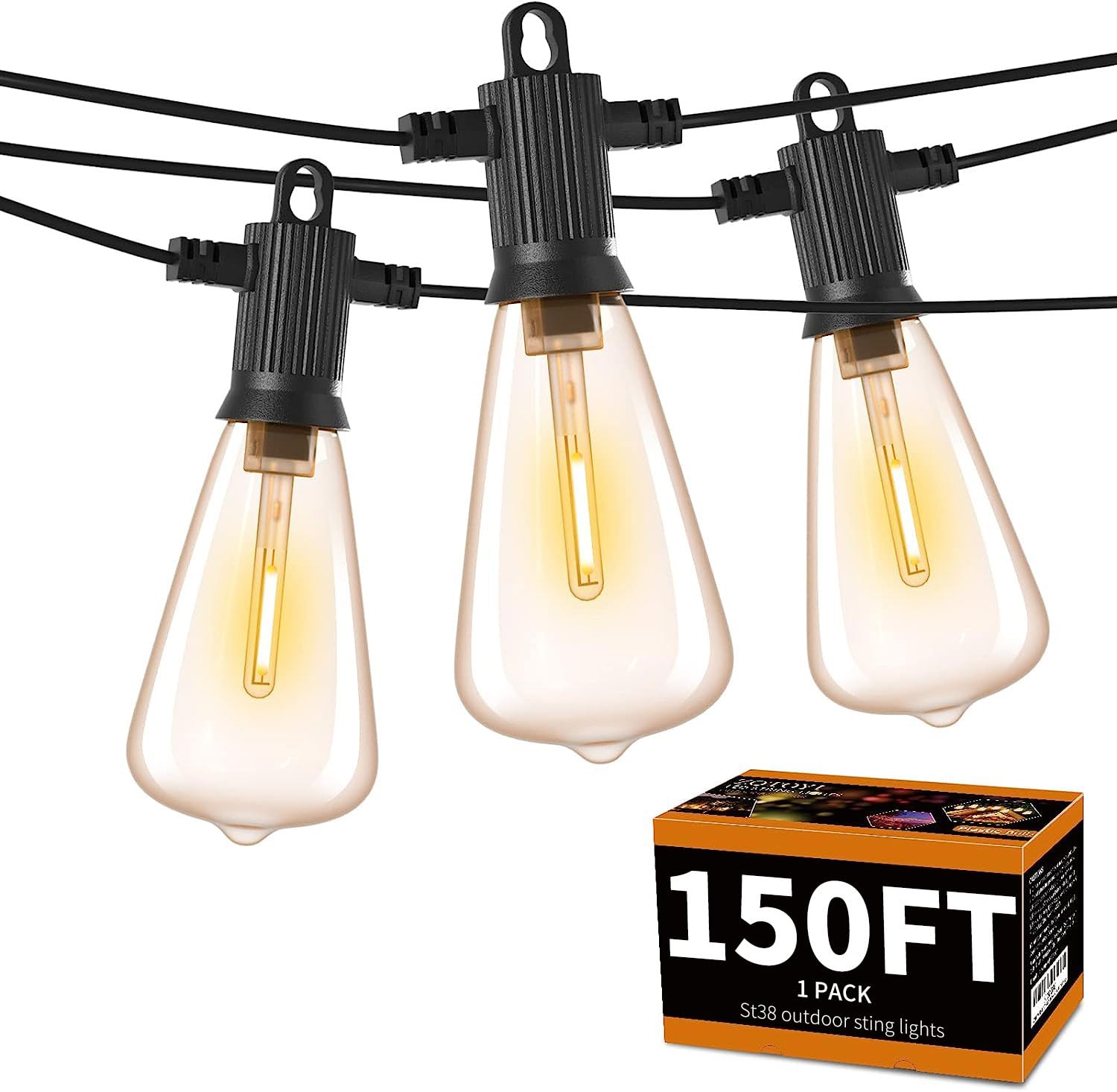 Photo 1 of ZOTOYI Outdoor String Lights 150 FT, Waterproof IP65 Outdoor Lights for Patio with 76 Edison ST38 LED Bulbs(3 Spare), Plastic LED String Lights for Outside, Bistro, Cafe, Backyard, Garden 2700K