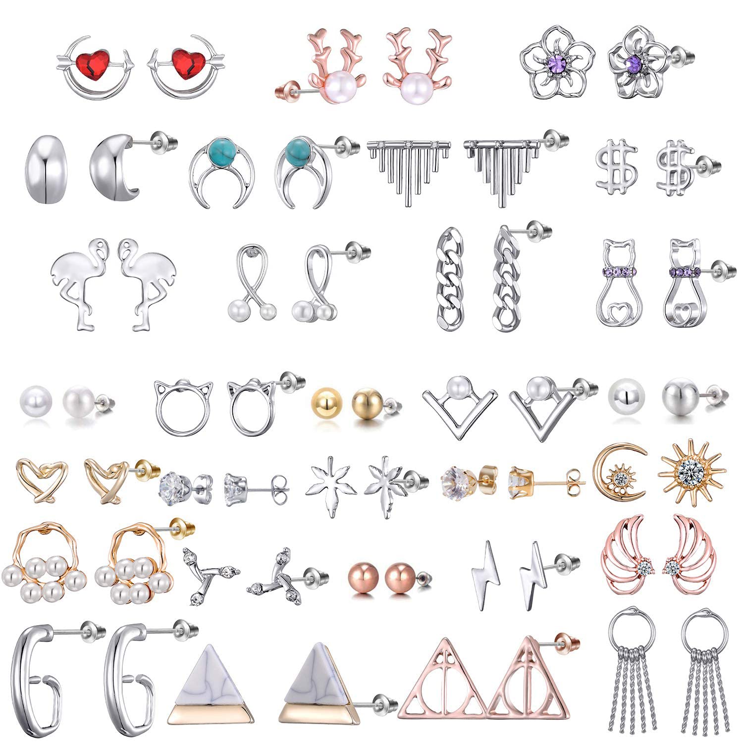 32 Pairs Assorted Stainless Steel Stud Earrings for Teens Girls Women-Cute Animal Faux Pearl Cat Elephant Sun Moon Star CZ Twise Heart Geometric Pattern Small Statement Bar Stud Earring Set, S, Metal