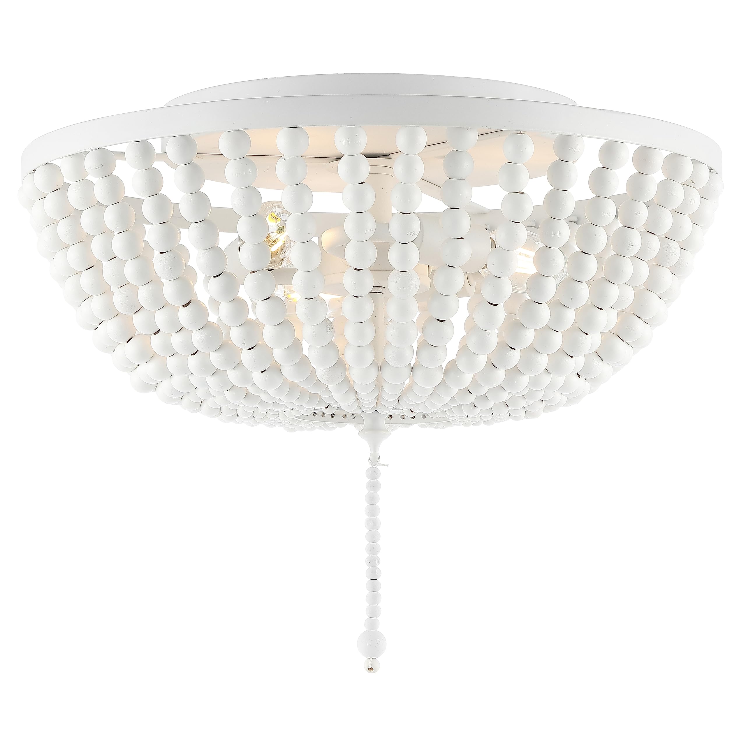 JONATHAN Y JYL9019D 15" Wood Beaded Flush Mount Ceiling Light, 3-Light Farmhouse Light Fixture in White, Boho Shabby Chic Close to Ceiling Lighting for Bedroom, Hallway, Entryway, Kitchen Image