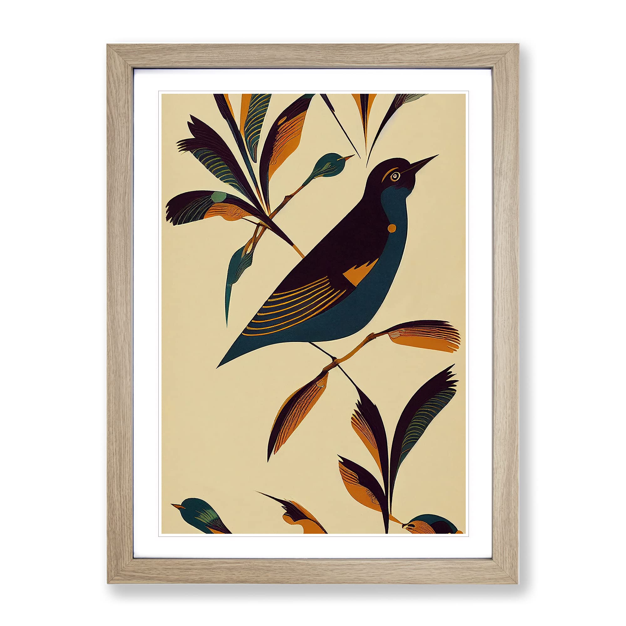 Art Deco Bird No.5 Framed Print | A4 Oak Framed Wall Art | Ready to Hang | Art Deco Nature Picture | Living Room Bedroom Lounge Office