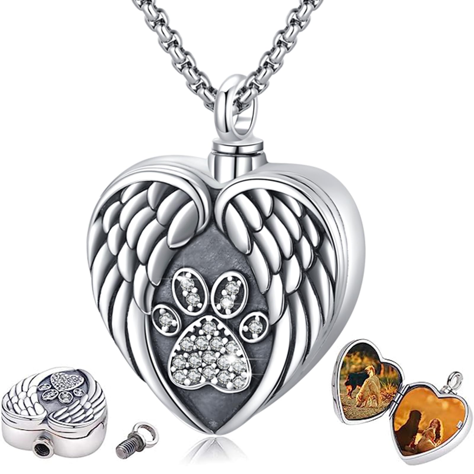 Eusense Urn Necklace for Ashes, 925 Sterling Silver Cremation Jewellery for Dog Ashes, Paw Memorial Jewelry That Holds Pictures