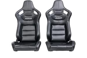 Universal Black PVC Main Leather Gray Stitch Left/Right Racing Bucket Seats PAIR Have JIABEIR Logo Come With Dual Lock Slider Not Including Seat Bracket