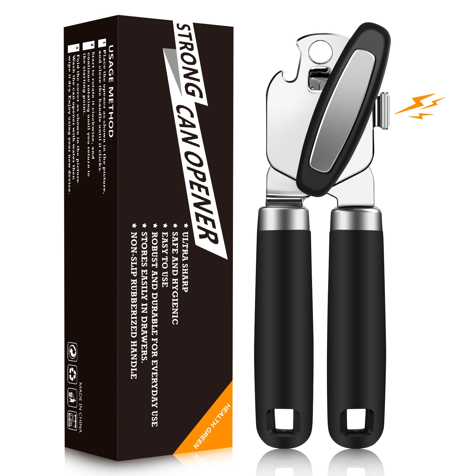 OGIMA Can Opener Manual, Stainless Steel Tin Openers, Effortlessly Open Cans with Heavy-Duty Manual Can Opener - Smooth Edges and Comfortable Grip for Work，Kitchen(Black)