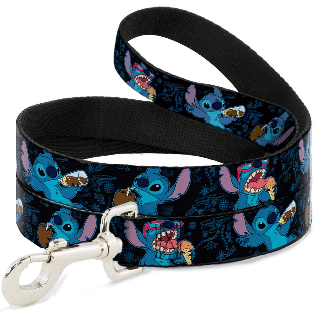 Disney Pet Leash, Dog Leash, Stitch Snacking Poses Black Blue, 6 Feet Long 1.5 Inch Wide