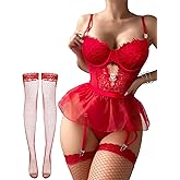 Alrovetoney Women Lingerie Set Naughty Lace Bodysuit High Waisted Underwire Lingerie Babydoll With Garter Belt and Stockings