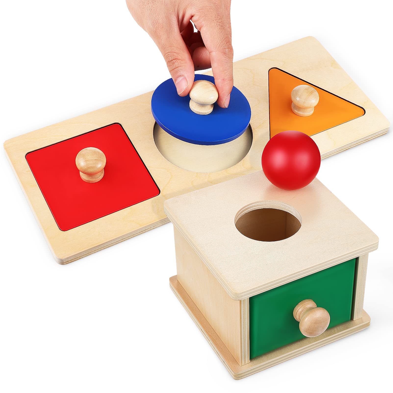 Montessori Object Permanence Box with Drawer and Wooden Shape Matching Puzzle Set for Toddlers Early Learning Toys for Kids