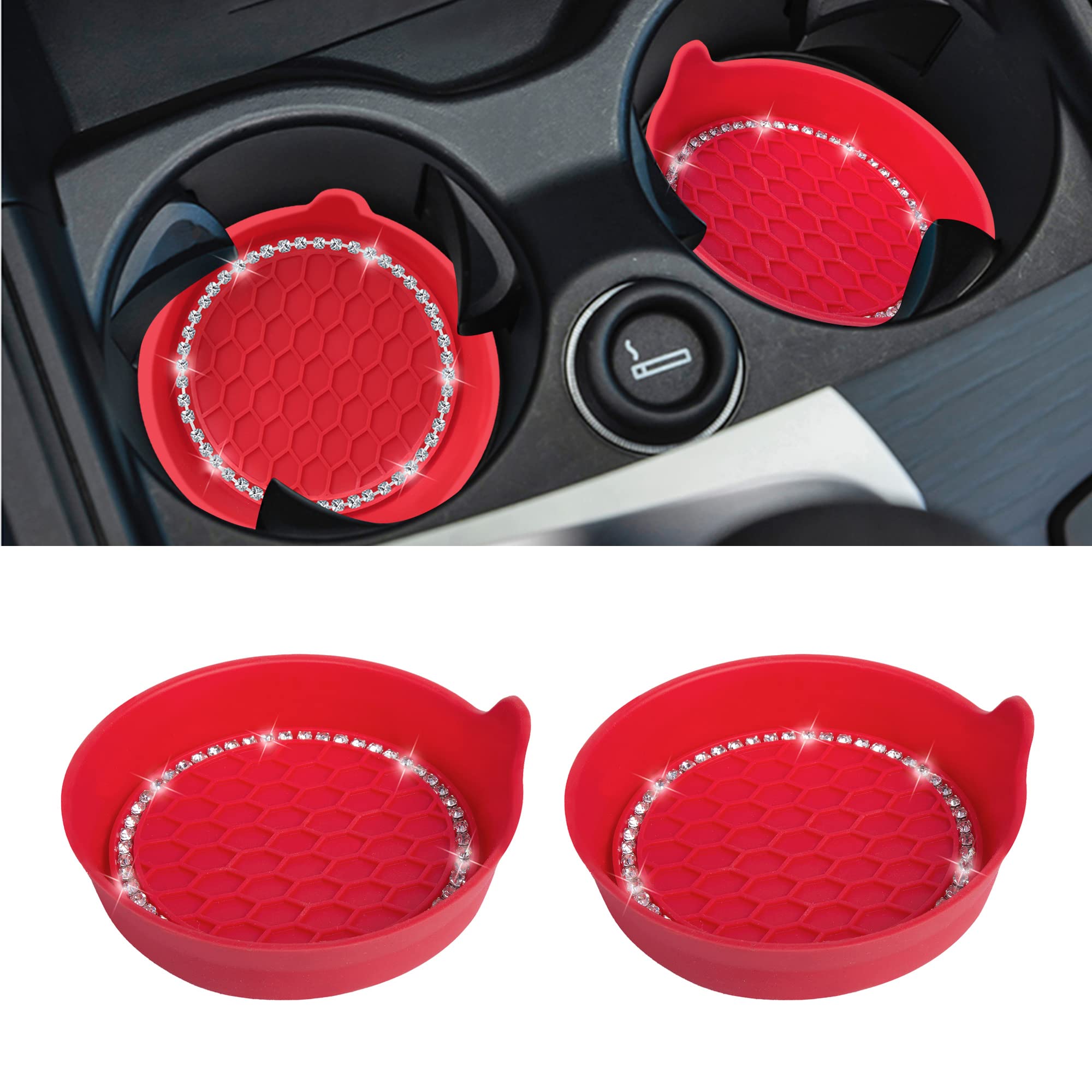 Photo 1 of Amooca Car Cup Coaster Universal Non-Slip Cup Holders Bling Crystal Rhinestone Car Interior Accessories 2 Pack Red