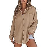 SHEWIN Women's Waffle Knit Button Down Shirts Casual Long Sleeve Shacket Jacket Boyfriend Tops Blouses Loose Fit