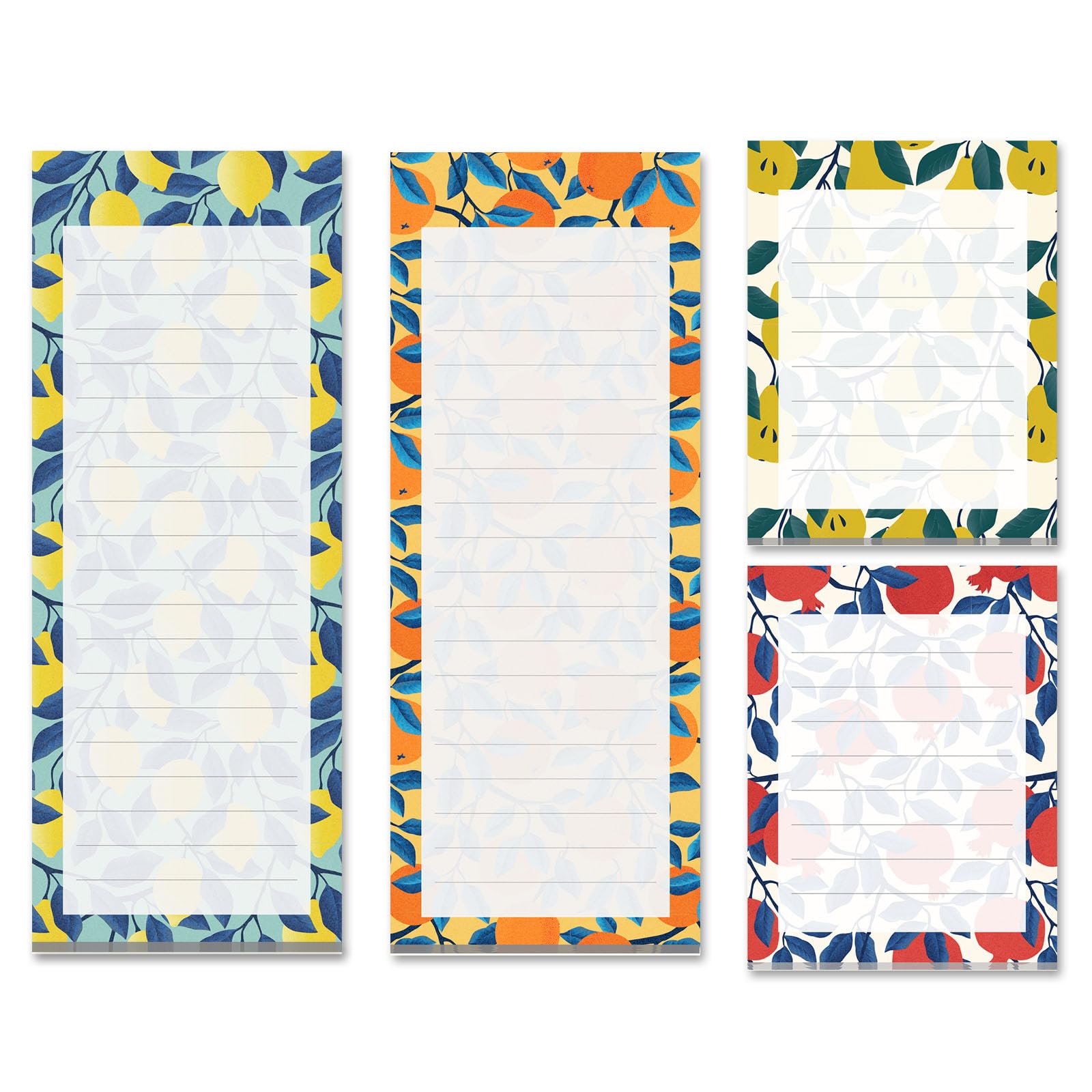 Prims & Flourish Magnetic Notepads for Refrigerator, 4-Pack Grocery List Magnet Pad for Fridge, to-Do List, Reminders, Scratch Pads, Fruit Designs, 60 Sheets Per Pad