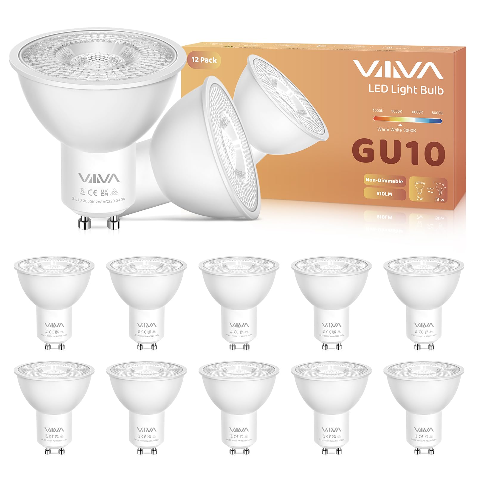 VIIIVA GU10 Led Bulbs Warm White-12 Packs,7W 3000K Spotlight Light Bulb, (50W Equivalent) Energy Saving, CRI>80, 510LM, 38° Beam Angle, Non-Flicker, Non-Dimmable, for Home Lighting