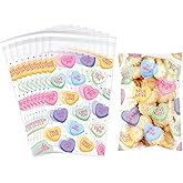 Yexiya 200 Pcs Valentine Candy Cookie Bags Clear Self Adhesive Cellophane Holiday Treat Bags Resealable 4 x 6 Inches Sealable Heart Print for Valentine Cookies Packaging Candy Products