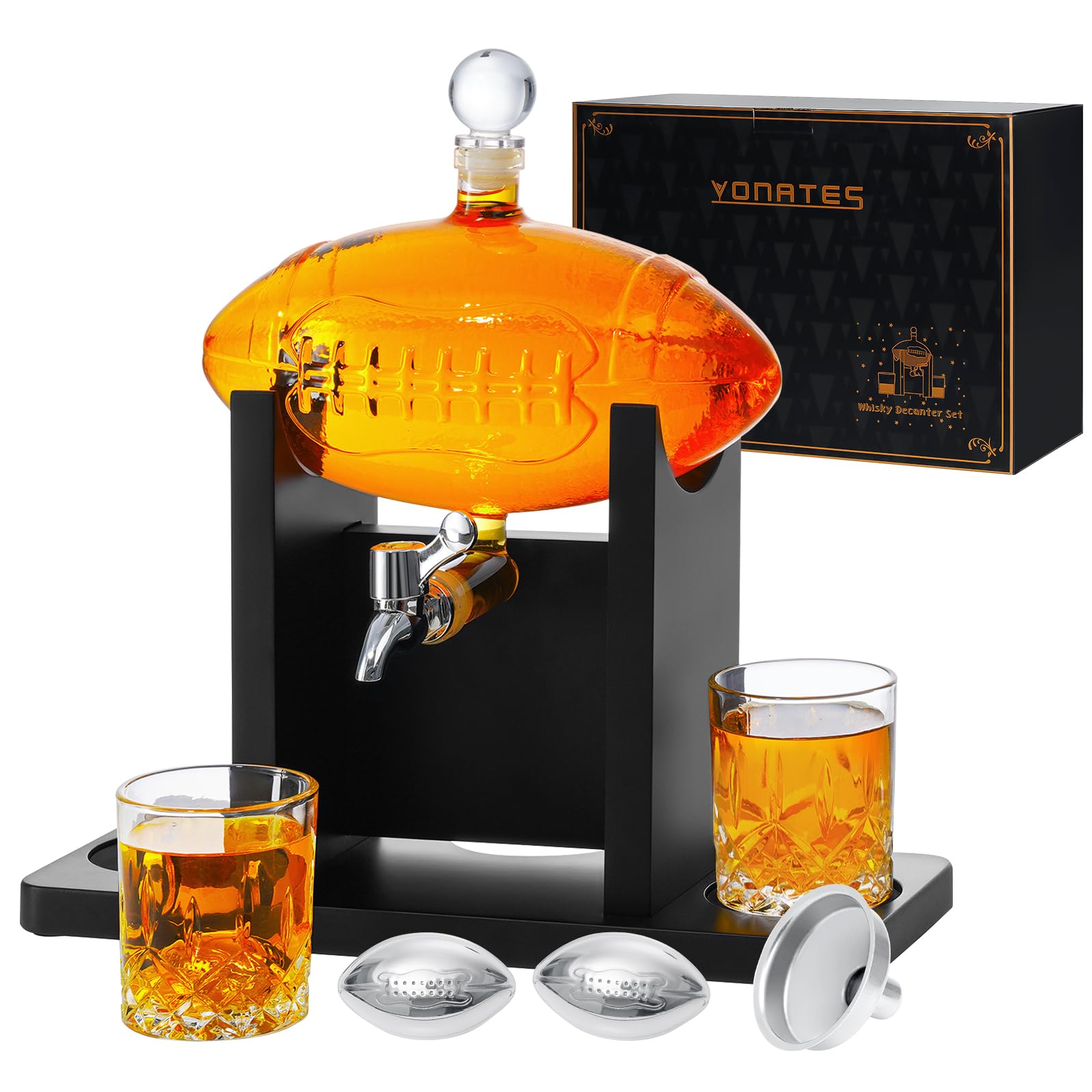 Photo 1 of Football Whiskey Decanter Set for Men, 47oz Liquor Decanter Set with 2 Glasses + 2 Footballs Chillers, Gifts for Dad, Husband, Boyfriend, Coach, for Liquor, Bourbon, Scotch, Vodka