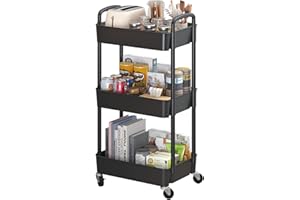 Sywhitta 3-Tier Plastic Rolling Utility Cart with Handle, Multi-Functional Storage Trolley for Office, Living Room, Kitchen, Movable Storage Organizer with Wheels, Black