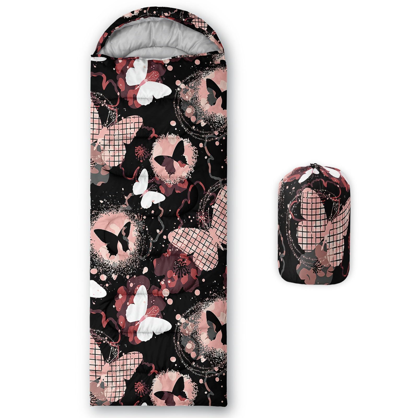 HOSIMA Sleeping Bags for Boys Girls Kids,Blue Butterfly Printed Lightweight Warm Portable Outdoor Indoor-Waterproof Cold Weather Resistant Sleeping Bag for Camping Hiking (Black White Butterflies)