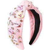 Gmmidea Valentine’s Day Headband for Women Candy Love Conversation Heart Headband Jeweled Beaded Heart Knotted Hairband Sparkly Red Pink Rhinestone Head Band Valentines Accessories Gifts
