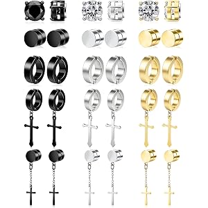 ONESING 15 Pairs Clip on Earrings for Men Stainless Steel Magnetic Earrings Unisex Dangle Cross Hoop Studs Non Pierced Earrin