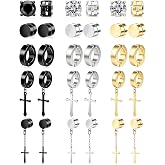 ONESING 15 Pairs Clip on Earrings for Men Stainless Steel Magnetic Earrings Unisex Dangle Cross Hoop Studs Non Pierced Earrings Set for Men Women