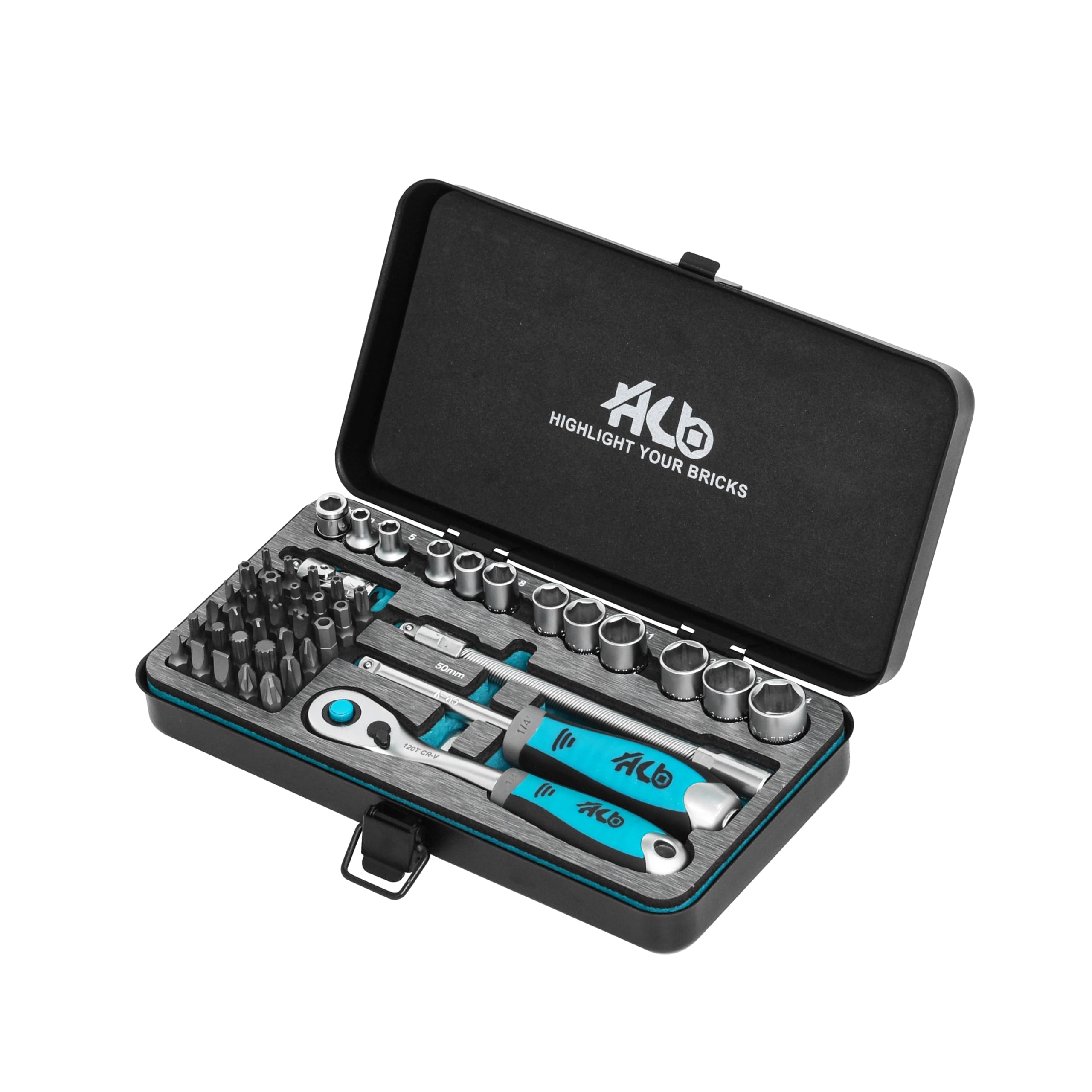 HB 120-Tooth Offset Ratchet Handle 1/4 Inch Drive 47 Piece Socket Set Reversible Quick Release Chrome Vanadium Steel with EVA Insert Metal Storage Case Professional Tools Made in Taiwan AKM019-G