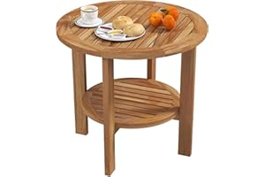 Tangkula Outdoor Round Side Table, Teak Wood, 19.5 Inches Patio End Table with Slatted Storage Shelf, 2-Tier Heavy Duty Small