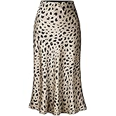 Keasmto Leopard Skirt for Women Midi Length High Waist Silk Satin Elasticized Cheetah Casual Ladies Skirts