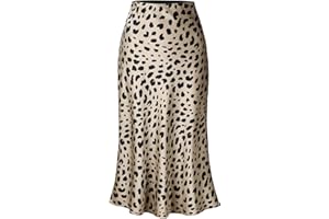 Keasmto Leopard Skirt for Women Midi Length High Waist Silk Satin Elasticized Cheetah Casual Ladies Skirts