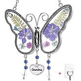 Laraine Butterfly Suncatcher with Pressed Flower Wings Mom Mother's Day Butterfly Glass Wind Chime Ornament Charm with Metal Heart Gifts for Mom Grandma Birthday (Purple Grandma (with Free Hook)