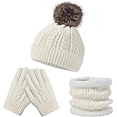Kids Winter Hat Scarf Gloves Set - Thermal Fleece Lined Beanie with Pompoms, Soft Mittens & Neck Warmer for Boys Girls 1-12