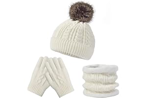 FENELY Kids Winter Hat Scarf Gloves Set - Thermal Fleece Lined Beanie with Pompoms, Soft Mittens & Neck Warmer for Boys Girls 1-12