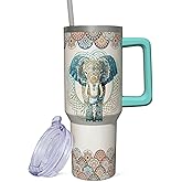 ZNYYZYBA 40 oz Elephant Tumbler with Handle and Straw, Stainless Steel Insulated Cup, Reusable Elephant Coffee Mug with Leak Proof Lid