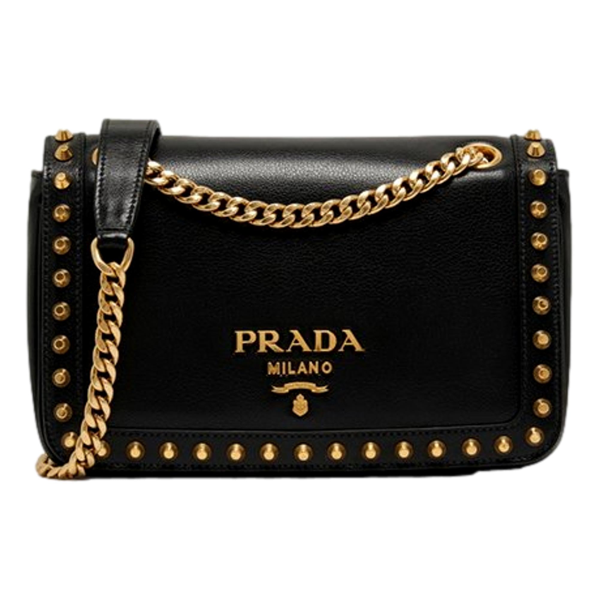 Prada Blue Black Glace Leather Studded Trim Crossbody Handbag 1BD147