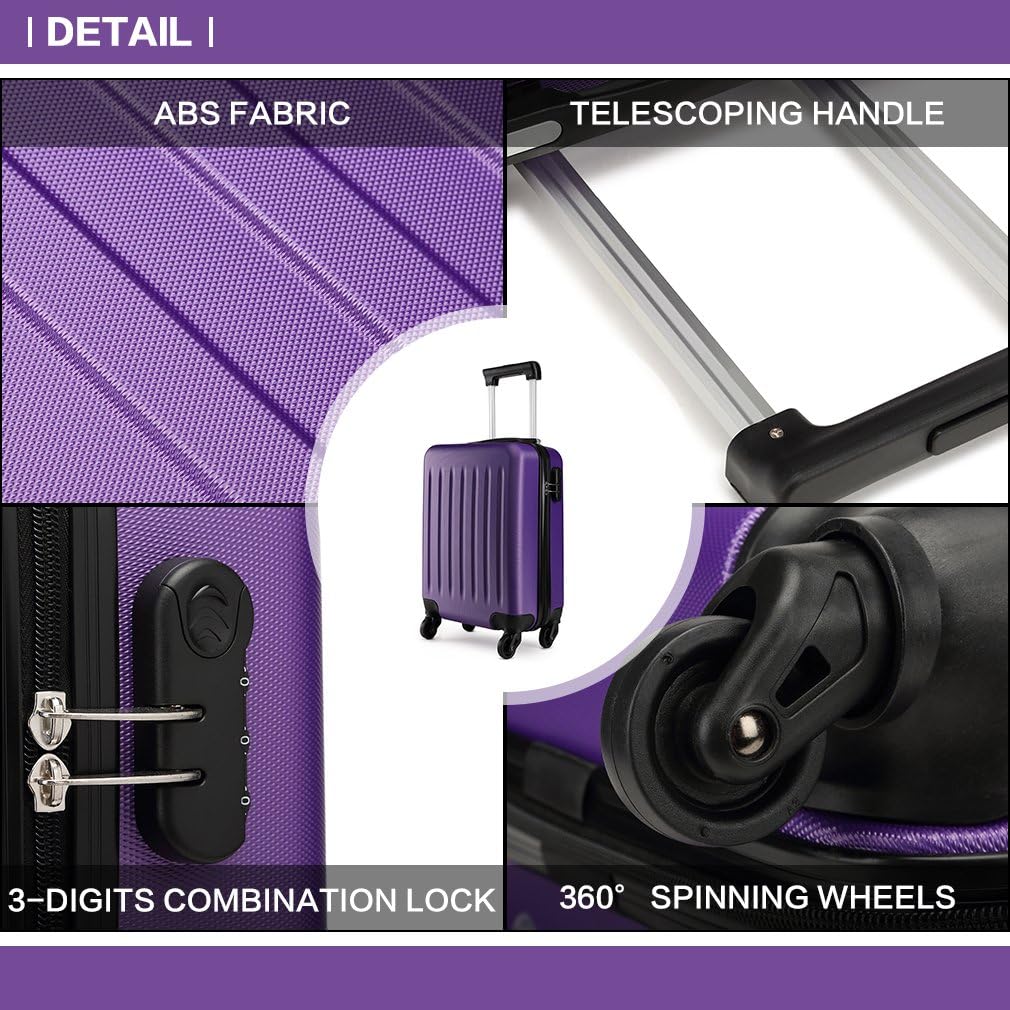 Kono 19 inch Carry On Luggage Lightweight Hard Shell ABS 4 Wheel Spinner Suitcase (Purple) - Image 3