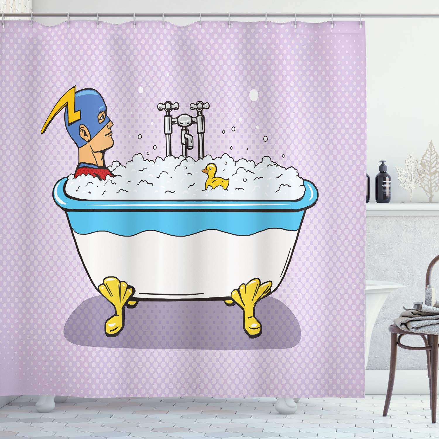 ABAKUHAUS Comics Shower Curtain, Superhero Fast Furious Relaxing in Bubble Bath Rubber Duck Art Print, Cloth Fabric Bathroom Decor Set with Hooks, 86 Inches Extra Long, Multicolor