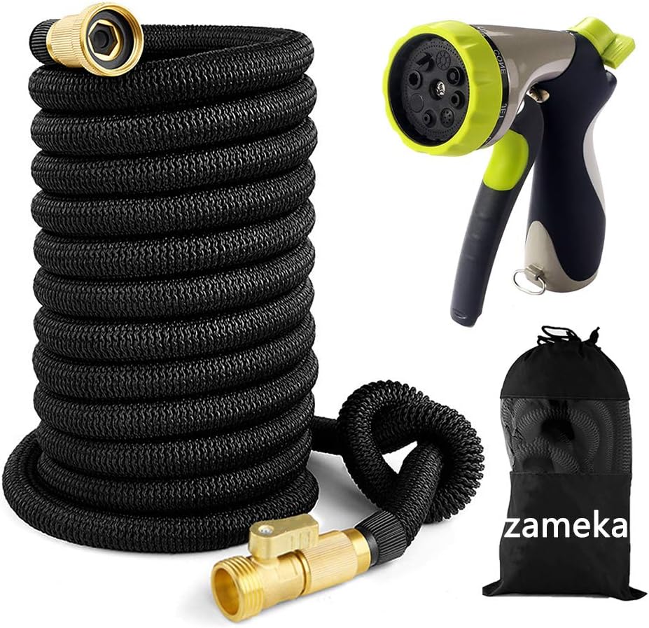 Zameka Expandable Garden Hose 50ft, The Strongest Expanding Water Hose with Solid Brass Connectors, Flexible Hose for Watering Plants, Auto Wash, Cleaning Patio (50FT, Black with Sprayer)