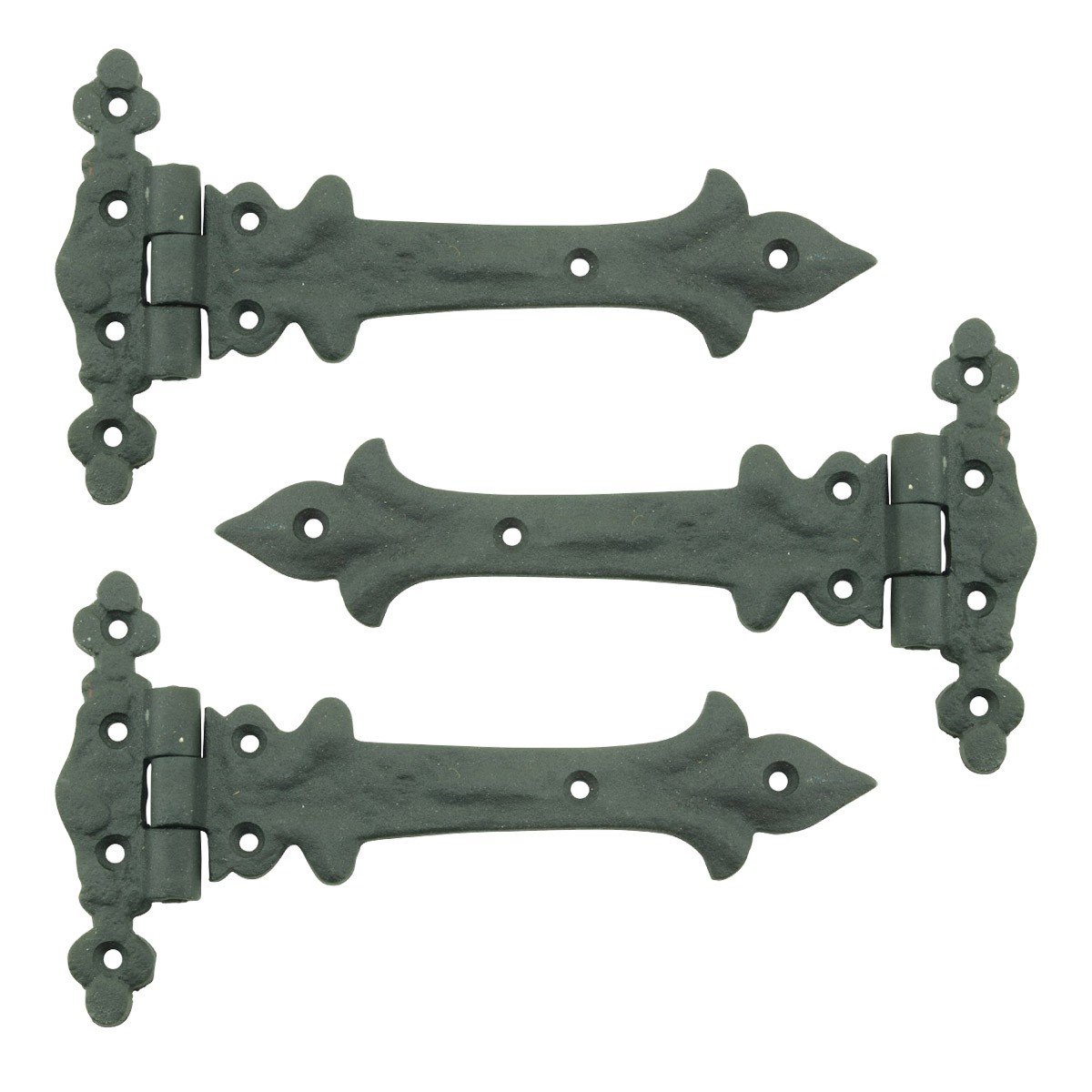 Photo 1 of Renovators Supply Manufacturing Strap Hinge 7 in. Black Wrought Iron Southern Charm Style Spear Tip Flush Mount Heavy Duty Strap Gate and Door Hinges with Hardware Pack of 3