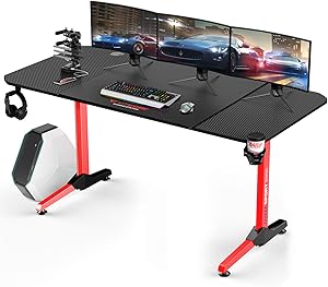 Vitesse 63 inch Gaming Desk Racing Style Computer Desk with Free Mouse pad and USB Gaming Handle Rack, T-Shaped Professional Gamer Game Station with Cup Holder and Headphone Hook(Red)