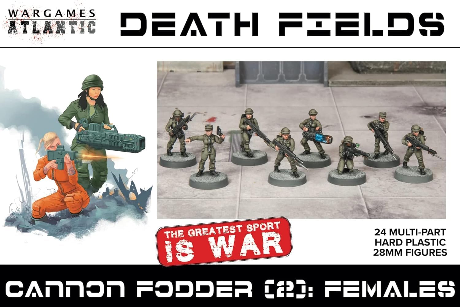 Death Fields - Cannon Fodder 2 = Females (24 Figures) Multi-Part Hard Plastic (HIGH Impact POLYSTYRENE) 28MM Figures…Made in The USA