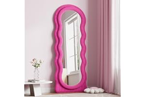 Dewfig Full Length Mirror, 63" x 24" Irregular Wavy Mirror, Large Floor Length Mirrors Wall Mounted, Standing Wavy Mirrors with Flannel Wrapped Wooden Frame for Bedroom/Living Room, Hot Pink