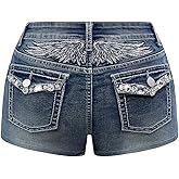 Milumia Women's Y2k Rhinestone Decor Denim Shorts Punk Skinny Mini Shorts with Pocket
