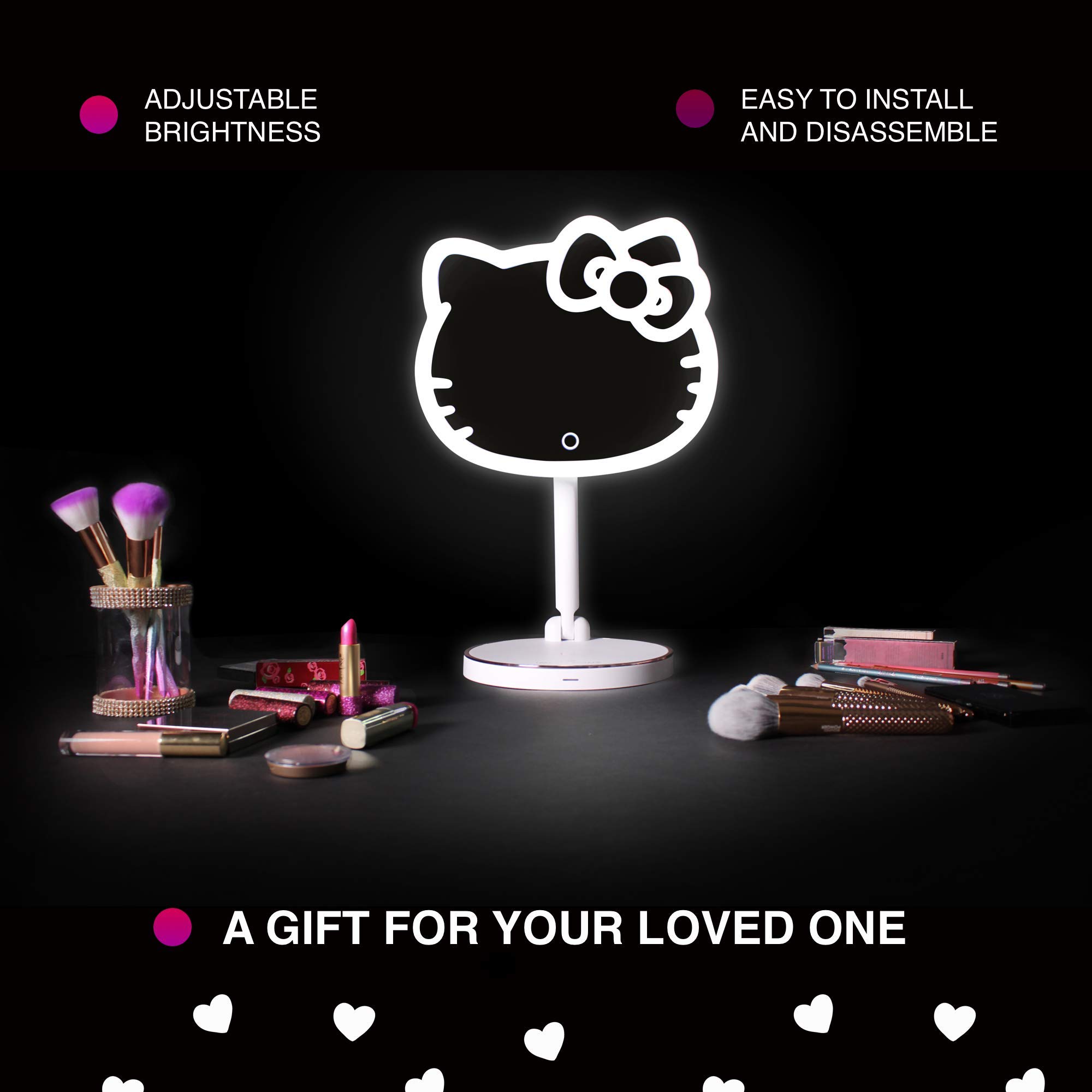 Impressions Vanity Hello Kitty Tabletop Mount LED Rechargeable Makeup Mirror with 360 Degree Rotation, Touch Sensor Desk Mirror with Light Strip and Adjustable Brightness