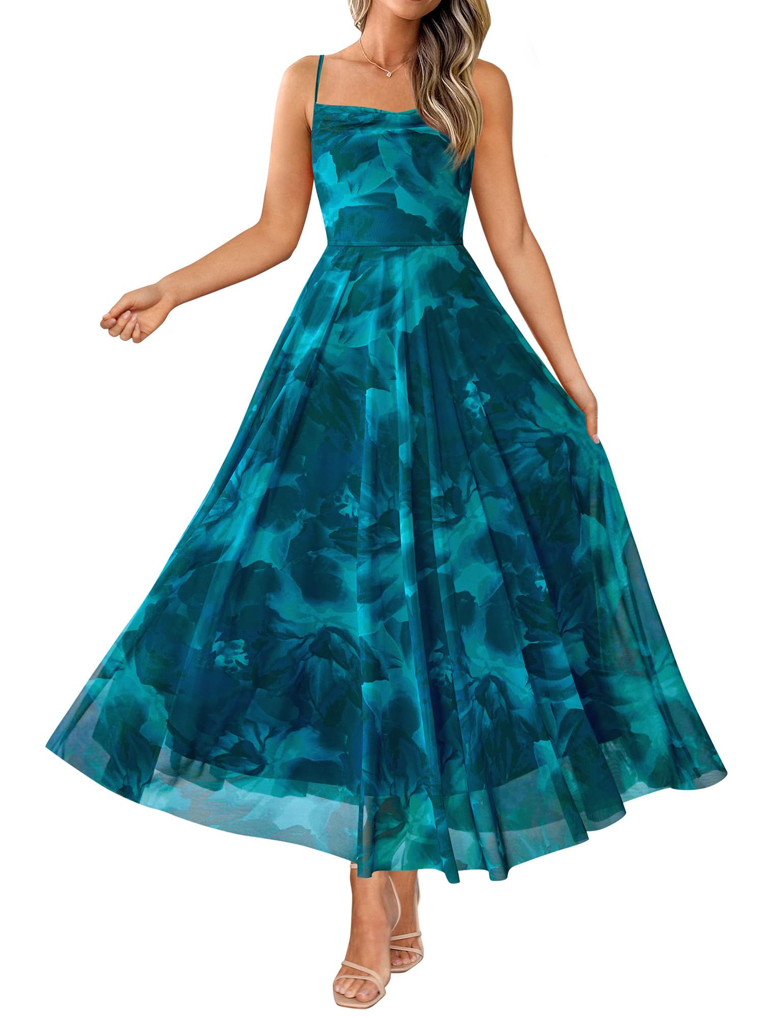 BTFBM Women Summer Floral Maxi Dresses Elegant Spaghetti Strap Dress Printed Party Dress Beach Long Dresses(Floral Blue Green,Small) Image