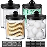 4 Pack Acrylic Qtip Holder Dispenser for Cotton Swabs, Balls, Pads, Floss - Plastic Canister Apothecary Jar Set, Bathroom Essentials Accessories Decor Vanity Makeup Storage Organizer - Clear &amp; Black